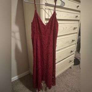 Lulu’s Lace Asymmetrical Strappy Midi Dress